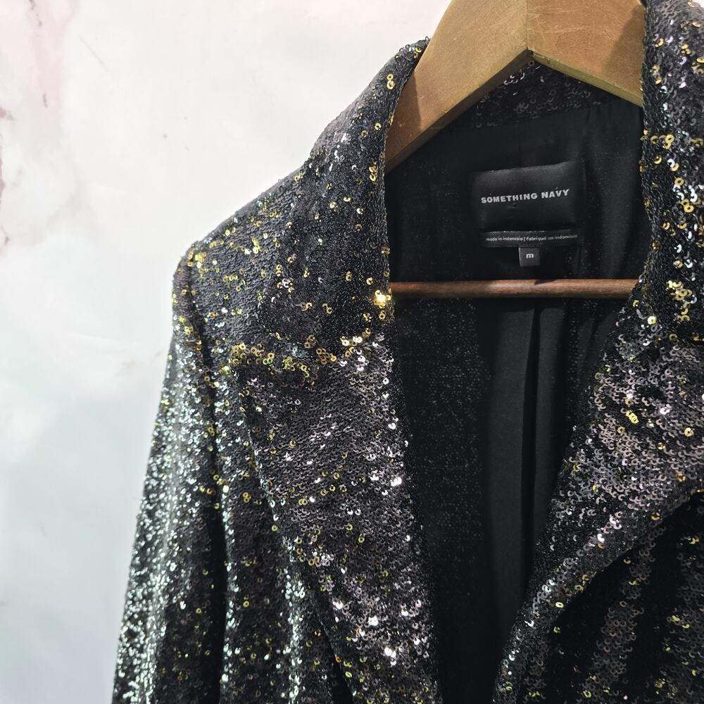 Something Navy Blazer Women Medium Black Gold Sequin Metallic Glam Bling Shimmer